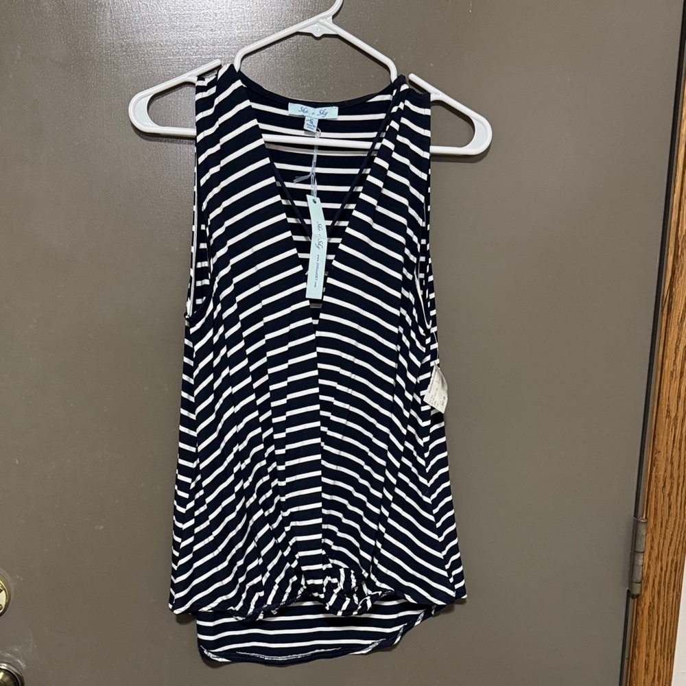 She + Sky Striped Navy and White Tank Top